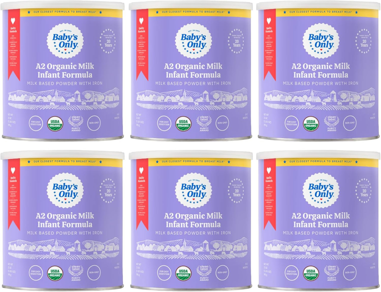 Baby's Only A2 有机牛奶婴儿配方奶粉，A2 牛奶基配方奶粉，富含 A2 β-酪蛋白、铁、维生素 E 和维生素 D，易于消化，适合新生儿至 12 个月宝宝，21 盎司，6 罐装
